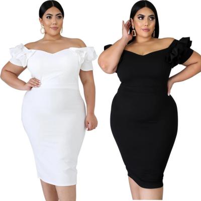 China Plus Size Arabic Women Ruffle Sleeve Off The Shoulder Bodycon Midi Cocktail Party Plus Size Dress Elegant With Zipper for sale