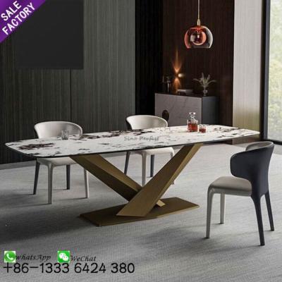 China Large Size Adjustable Height Adjustable Large Slab Restaurant White Marble Top Dining Table With Gold Metal Legs for sale