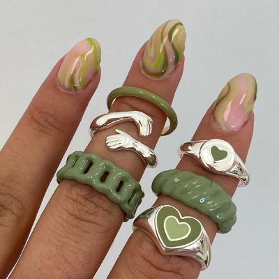 China High Quality VKME Vintage Green Hug Hands Rings Set For Women Metal Paint Coat Ins Style Creative Love Heart Ring Fashion Jewelry for sale