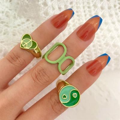 China High Quality Wholesale Green Metal Rings Set For Women Central Statistical Institute Style Cute Love Colorful Rings Finger Rings For Girls Jewelry Gifts for sale