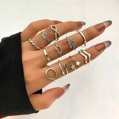 China High Quality VKME New Hot Sale Vintage Metal Silver Rings Sets For Women Leaf Chain Ring Set Jewelry Gift for sale