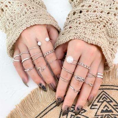 China New Wholesale 19pcs High Quality Trendy Metal Silver Rings Set For Women Minimalist Ring Set Girls Bow Pearl Chain Jewelry for sale