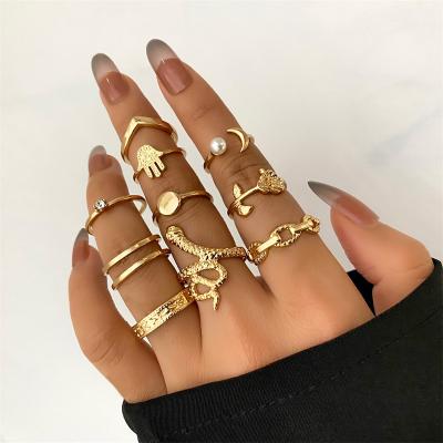 China High Quality VKME Fashion Bohemia Gold Color Rings Sets For Women Hollow Flowers Meander Geometric Shiny Crystal Jewelry Minimalist Party for sale