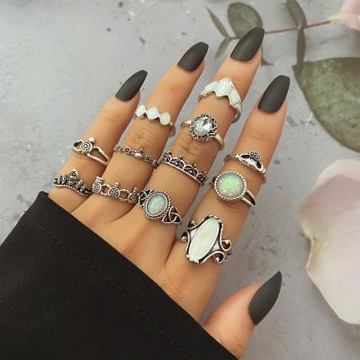 China Wholesale Bohemian Silver Plated Opal Flower Heart Knuckle Rings Set Vintage High Quality 2022 Set For Women Jewelry for sale