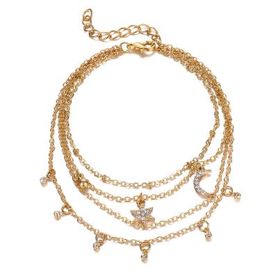 China Wholesale High Quality 2022 Women Gold Bohemian Multilayer Stretch Bead Leg Chain Anklets Layered Crystal Star Moon Anklet for sale