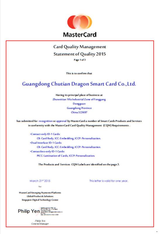 card quality management statement of quality 2015 - Chutian Dragon Co., Ltd.,