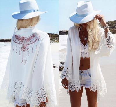 China Anti-wrinkle Beach Swear 2020 Summer Women Long Flare Sleeves Plus Size Printed Sunscreen White Cardigan for sale