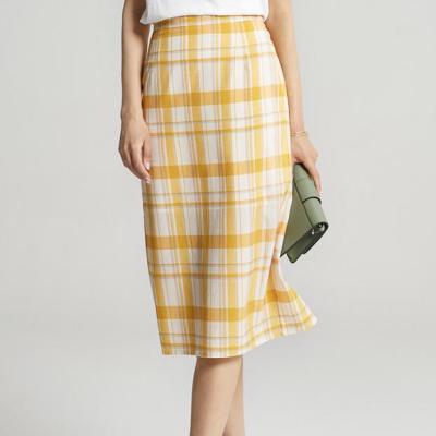 China Anti-Static Women Clothes New Products Fashion Cotton Yellow Plaid Mid-Calf Skirts for sale