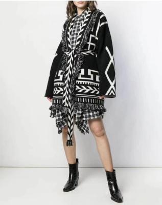 China Autumn Winter New Design Women Anti-wrinkle classic black white geometric jacquard cardigan with Sash for sale