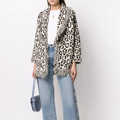 China Autumn Winter New Product RTS Long Sleeves Wool Blend Anti-Shrink Wholesale Leopard Print Tassel Cardigan Sweater for sale