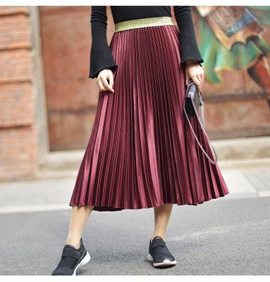 China Women Plus Size Casual Plus Size A Line Elastic Velvet High Waisted Fashion Pleated Long Skirts for sale