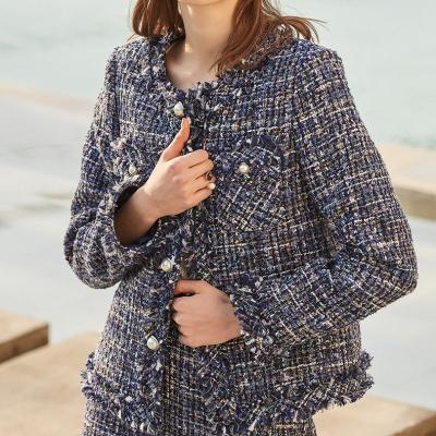 China Office Work Wear Formal Wear Women Long Sleeves Round Neck Stylish Blue Tweed Jacket for sale