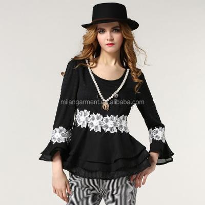 China Fashionable Women Round Neck Anti-pilling Black Chiffon Appliqued Flower Tunics for sale