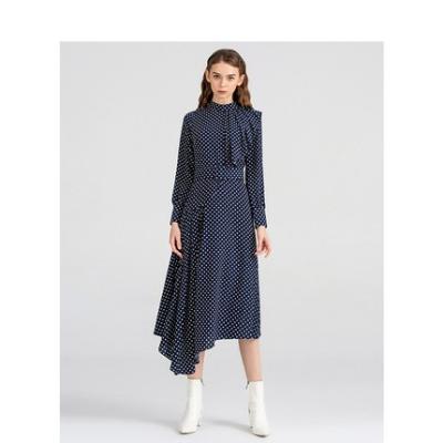 China OEM/ODM Design Anti-Static Fashion Ladies Tailoring Long Sleeves Crepe Polka Dot Printed Crepe Dress for sale