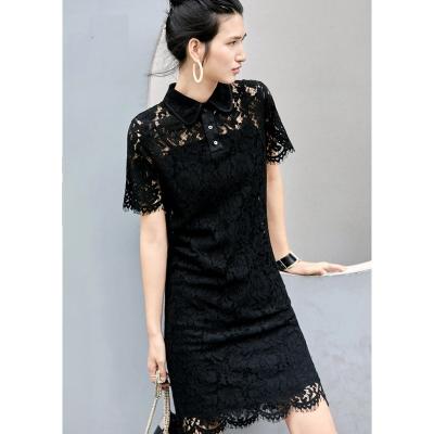 China Anti-Static Ladies Peter Pan Collar Short Sleeves Cotton Lace Up Straight Knee Length Dress for sale