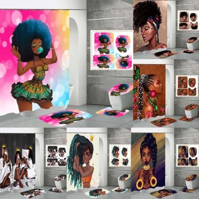 China Viable Newcomers 3D Printed African American Black Girl Waterproof Bathroom Shower Curtain Set for sale