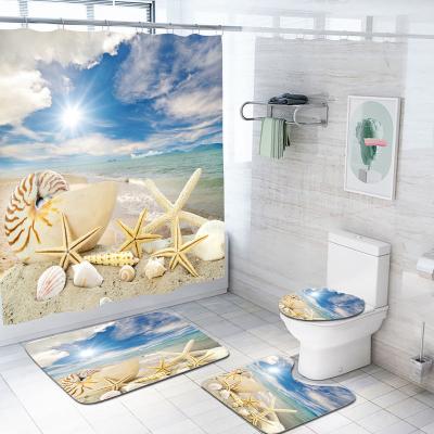 China Sustainable Ocean Printed Bathroom Sets With Shower Curtain And Covers for sale