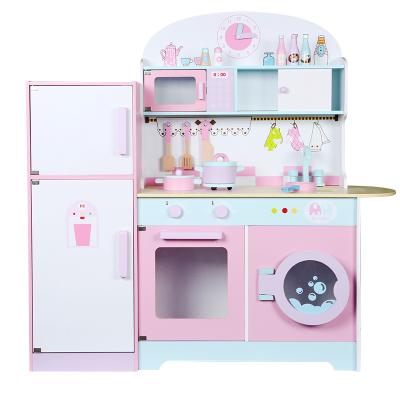 China Newest Simulation Refrigerator Educational Wooden Kitchen Toy Kids Early Education Role Play Kitchen Wooden Toy for sale