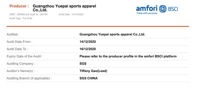 BSCI - Guangzhou Yuepai Sportswear Co., Ltd.