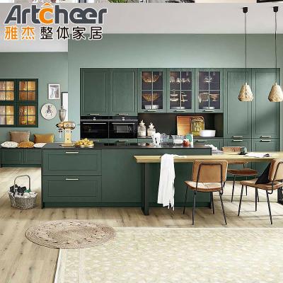 China Green and Red Kitchen Cabinet Islands with Seating Modern Wooden Kitchen Furniture Design for sale