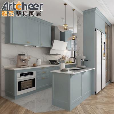 China Sale Shaker Grey Solid Wood Kitchen Cabinet with Laminated Bullnose Countertop Edging for sale