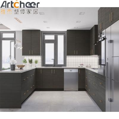 China White Quartz Stone Top U Shape Kitchen Cabinet with Modern Stylish PVC Membrane Door Panel for sale