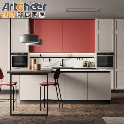 Китай CLASSIC Scandinavian Design Kitchen Cabinets with Pink ENF Panel and Small Island Table продается