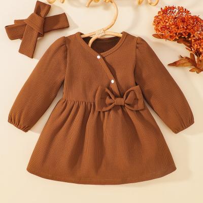 China Washable fall cute baby clothing long sleeve dress bowknot baby girl dresses with headband for sale