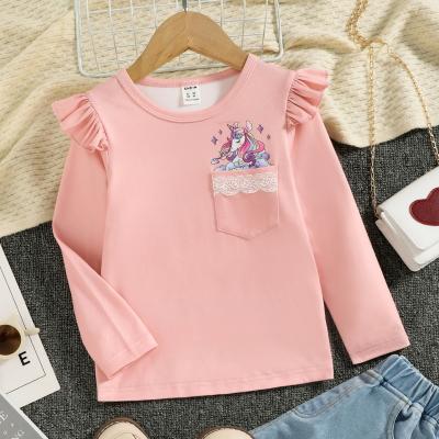 China Breathable Fashion Fall Winter Girls Long Sleeve Tee Unicorn Pocket Ruffle  Dropshipping for sale