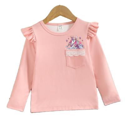 China Breathable fall winter girls t-shirts with lace pocket unicorn ruffle long sleeves t-shirt for girls kids for sale