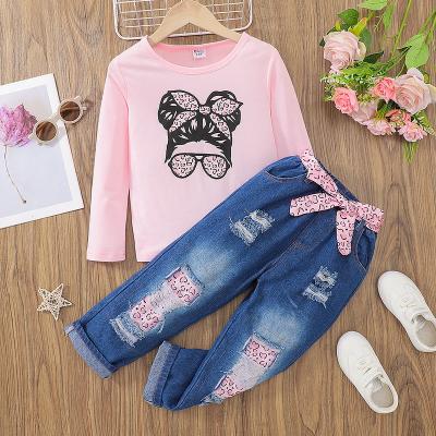 China Casual Toddler Girls Solid Color Knit T-shirt Jeans Two Piece Sets Tracksuits Sweatsuits Sets for Children for sale