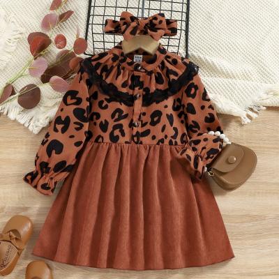 China Washable Fall winter children little girl dresses leopard print long sleeve lace dress with bowknot headband for sale