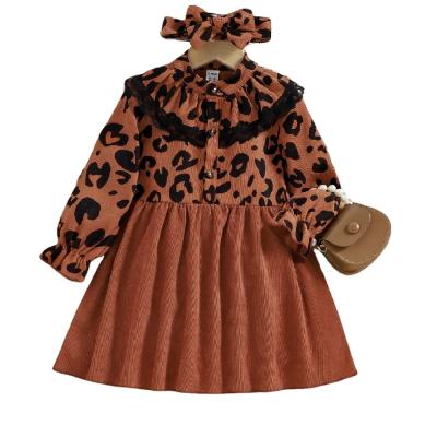 China Washable Fall dress for toddler girl leopard dresses with bow headband long sleeve lace dress for sale