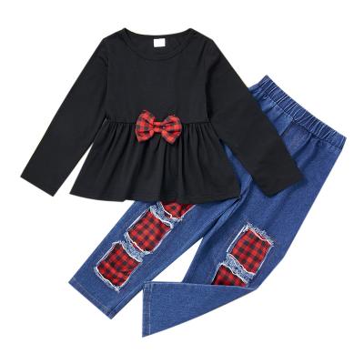 China Casual girls clothing sets long sleeves t-shirt bowknot flare tops patchwork jeans girl for sale