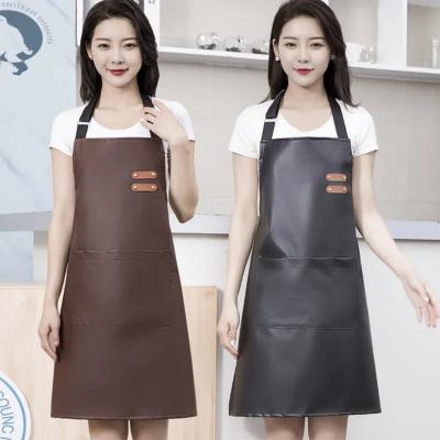 China Eco-friendly Waterproof PU leather adult waterproof and oil-proof apron home kitchen cooking female soft leather fashion adjustable for sale