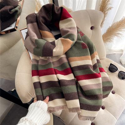 China Polyester/Cotton Autumn Winter Colored Stripes Cashmere Designer Hijab Scarf For Women Warmth Thickening Shawl Long Scarves Wholesale for sale