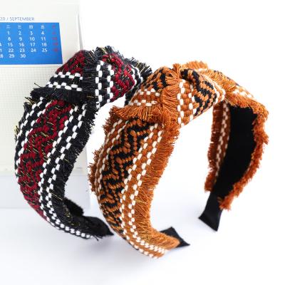 China Venda Autumn Winter Ethnic Wide Knot Fashion Headband Plaid Tassel Designer Hairband For Women Headband Hair Accessories Wholesale for sale