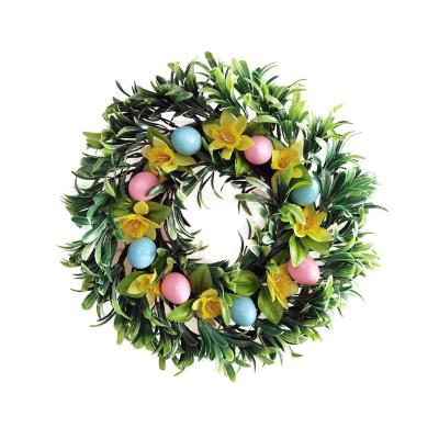 China Festival Stuff Spring Garland Door Hanging Easter Wreath Acrylic with Plastic Artificial Flowers Egg Decoration for sale