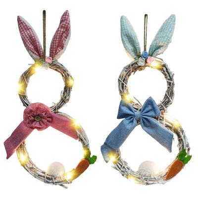 China Festival Stuff Rattan Battery Operated Circle Bunny Wreath With LED Lights Decorative Egg Carrot For Party Easter Home Decoration for sale