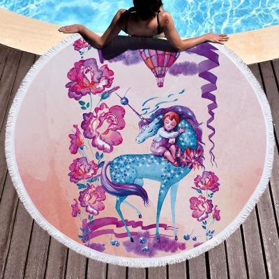 China Women's Geometric Bath Towels 150cm Summer Print Microfiber Round Beach Towel Tassel Compressed Towel for sale