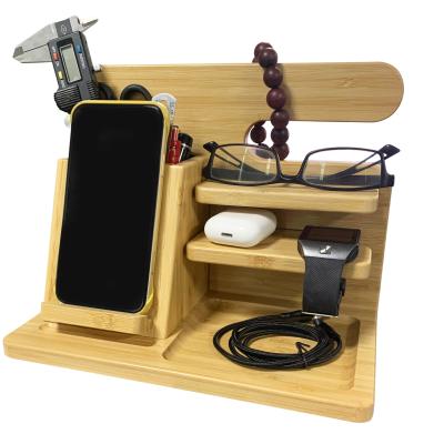 China Qi-Enabled Devices Wholesale 15w Fast Charging 3 in 1 Wireless Docking Station Wooden Phone Charger Stand for sale