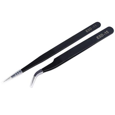 China Anti-Static Stainless Steel ESD Curved Straight Black Tweezers Industrial Precision Nipper Hand Tool for sale