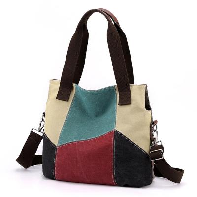 China New Color Patchwork Canvas Woman Shoulder Bag PORTABLE Leisure Tote Bag Large Capacity Female Shopping Handbag for sale