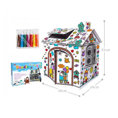 China Easily Assembled Educational Toys Cardboard Coloring Barn Cottage Playhouse For Kids for sale