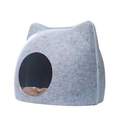 China Detachable Zipper Cat Shape Felt Soft Travel Hot Selling Pet Cat Cave Bed House for sale