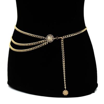 China Zinc Alloy Women Hip Multilayer Waist Chain Gold High Waist Chain Narrow Chunky Fringes Crystal Diamond Metal Belt for sale