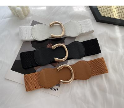 China Fashion Wide Elastic PU Belt Ladies Metal C Buckle Cloth Casual PU Elastic Band for sale