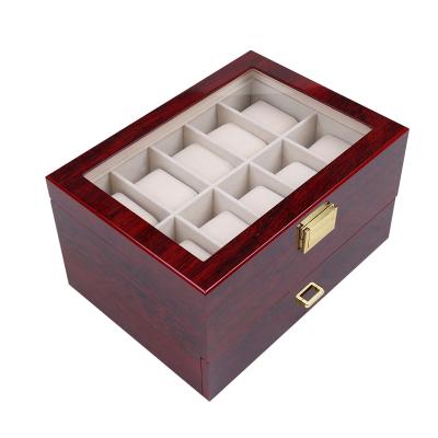 China Classic Elegant Vintage Double-layer 10 Slots Luxury Classic Display Wooden Box With Glass Top Side Storage Box for sale