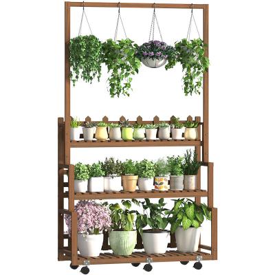 China Modern Wooden 3 Tier Plant Hanging Rack With Wheel Flower Pot Organizer Storage Rack Display Plants Shelf Shelf for sale