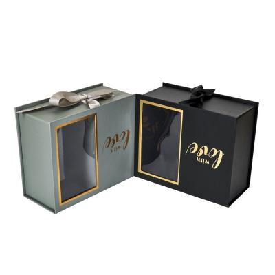 China Recyclable Luxury Folding Window Paper Box Gift Paper Box With Ribbon Gold Stamping Logo Clothing Beauty Packaging Custom Made for sale